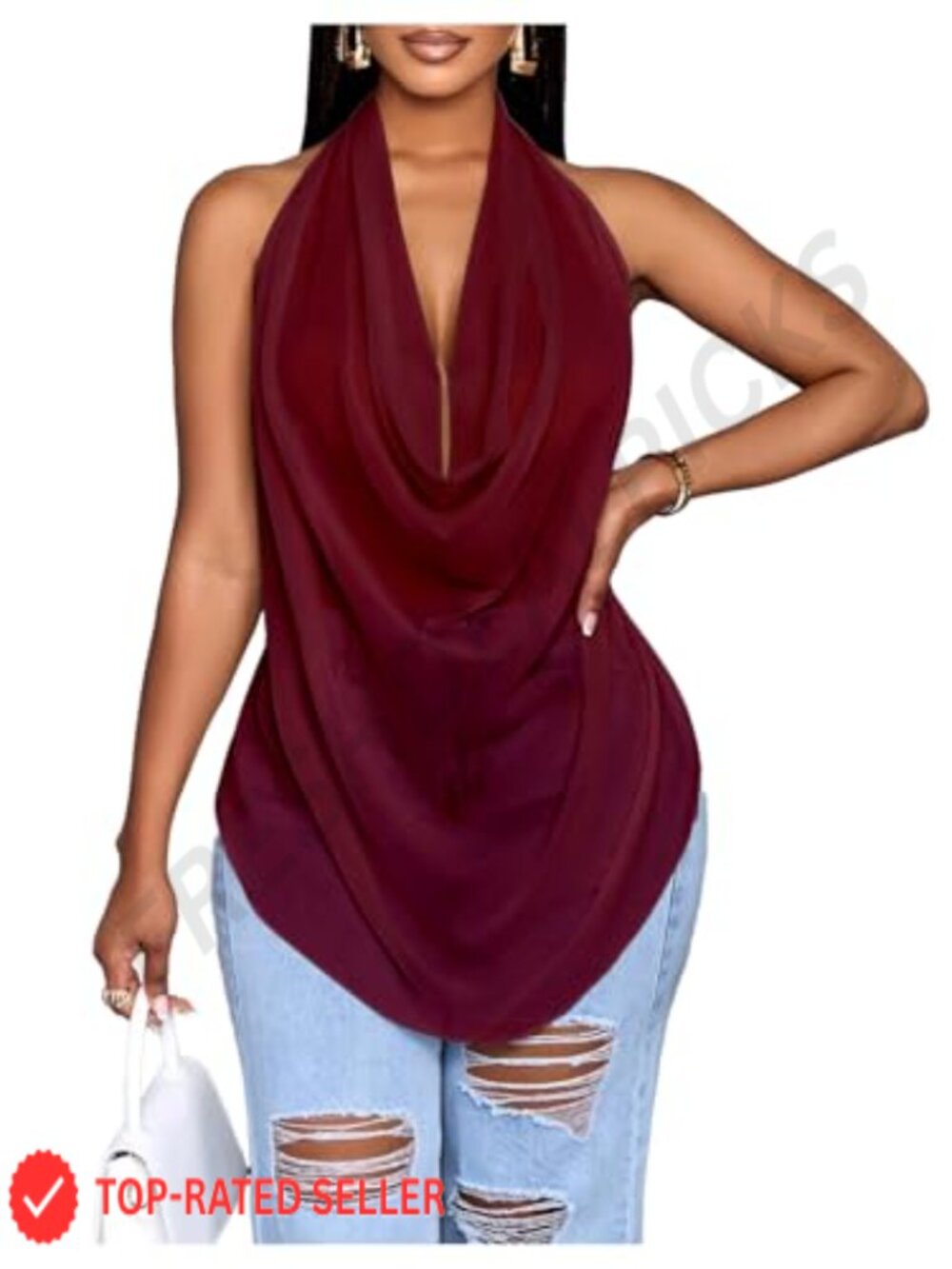 Cowl Neck Halter Top Draped Tie Back Backless Sheer Sleeveless Women's Dressy